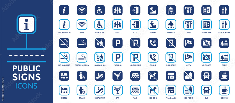 Public signs information icon set. Containing exit, toilet, CCTV, hotel ...