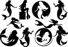 Mermaid Clipart Silhouette , Black Vector Illustration Design On White Background