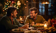 © Taras Roshchuk - Smiling friends talking during dinner in a cozy and festive pub, cafe. Two men are sitting in a restaurant and having fun