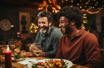 Smiling multiracial male friends laughing during dinner in a cozy and festive pub, cafe. Two men are sitting in a restaurant and having fun