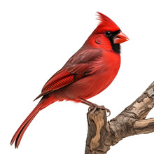 Red Northern Cardinal (Cardinalis) Bird Sitting On A Tree Branch Isolated On Transparent Background