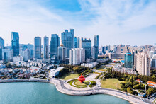 Aerial Photography Of The Coastline And Skyline Of Qingdao May Fourth Square, Shandong, China