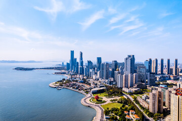 Poster - Aerial photography of the coastline building complex at May Fourth Square, Fushan Bay, Qingdao, Shandong Province