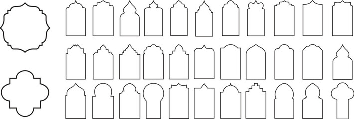 Wall Mural - Set Of Black Line Shape Islamic doors and windows silhouette Arabic arch. Frames in Arabic Muslim design editable stock for Ramadan Kareem. Mosque gate shapes collection on Transparent background.