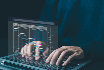 Fototapete - businessman schedule plan management shows a timeline Gantt chart in technology online, project planner in software. concept manage milestones, appointment staff of business, work update and workflow