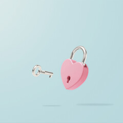 Wall Mural - Heart-shaped pink padlock with  flying key on pastel blue background. Minimal Valentines Day, wedding or Mother's day concept. Creative love romantic emotion composition. Love messages for couples.