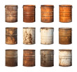 Collection of PNG. Rusty old metal barrels isolated on a transparent background.