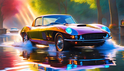 Modern car in bright light and splashes of water, beautiful graphic illustration, pop art,