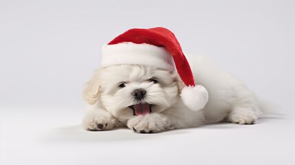 Wall Mural - puppy wearing santa hat