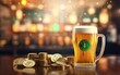 Pint of beer with bitcoin emblem. Blurred background, bar interior. Reflective table surface, bunch of golden coins, money. De focus, copy space. St Patricks Day crypto party poster. AI Generative.