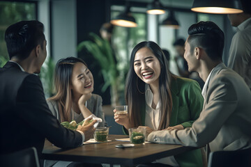 Wall Mural - group of asian friends sitting in cafe