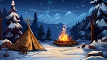 Camping In The Mountains At Night In Winter And A Little Snow. Seamless Looping Video Background Animation, Anime Or Cartoon Style. Generated With AI
