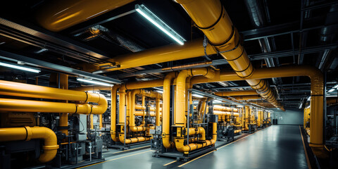 Wall Mural - Pipes and lighting fixtures prominent in an industrial building, near power sources