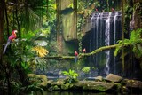 Fototapeta  - Macaw parrot, ara parrot, perched birds and animals, rainforest and jungle habitat