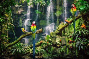 Poster - Macaw parrot, ara parrot, perched birds and animals, rainforest and jungle habitat