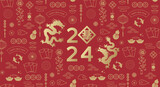 Fototapeta Pokój dzieciecy - Happy New Year 2024 seamless banner design in Chinese style. There are dragon zodiac signs and Chinese New Year auspicious patterns on a red background. (Chinese Translation: Spring and Blessings)