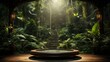 © Максим Зайков - Podium background product forest green display platform wood stone 3d garden rock. Product podium jungle background stage leaf cosmetic nature scene stand presentation mockup tree pedestal plant eco