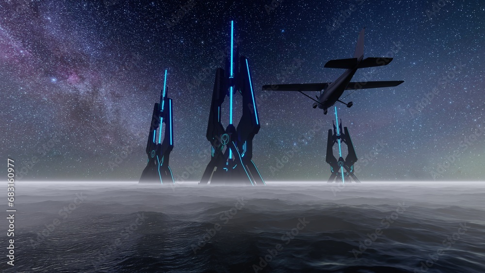 mysterious alien structure in the night 3d render Stock Illustration ...
