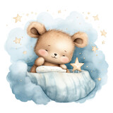 Fototapeta Las - Cute baby teddy rabbit sleeping on the cloud painted Illustration, Generative Ai