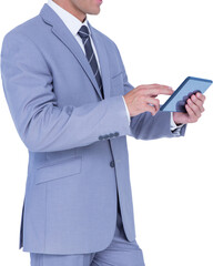 Poster - Digital png photo of caucasian businessman using tablet on transparent background