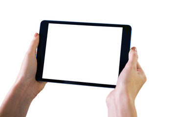 Poster - Digital png photo of hands holding tablet with copy space on transparent background