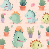 Fototapeta Dinusie - Cute and adorable dinosaur pattern on pastel color background	