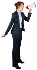 Poster - Digital png photo of furious caucasian businesswoman using megaphone on transparent background