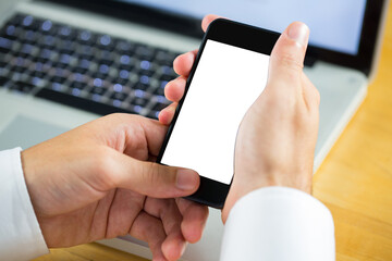 Poster - Digital png photo of businessman's hands with smartphone with copy space on transparent background