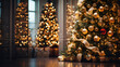 a christmas tree stands by the floor in a room, in the style of golden light, luxurious opulence, glimmering transformation, contrasting lights and darks, light-filled scenes, light-focused.