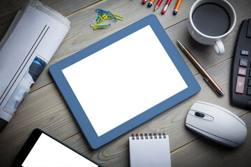 Poster - Digital png photo of office desk, tablet and smartphone with copy spaces on transparent background