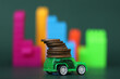 veículo de brinquedo carregado de moedas simboliizando os gastos de viagem ou custo de vida com silueta de edifícios coloridos ao fundo