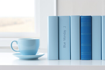 Blue cup of coffee with blue notebook Blue monday concept.