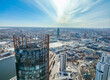 Yekaterinburg skyscraper aerial panoramic view at spring or autumn in clear sunset. Yekaterinburg is the fourth largest city in Russia located on the border of Europe and Asia.