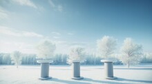 Winter Wonderland Scene With Three Pristine White Podiums Standing Tall On A Snow-covered Field, Snowflakes Gently Falling Against A Serene Blue Background, Minimalist Podium 