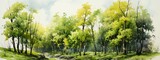 Fototapeta Las - Vibrant Forest with River: Tranquil Nature Painting
