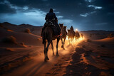 Fototapeta  - Arabians riding camels across the desert over a caravan