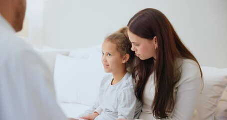 Wall Mural - Healthcare, stethoscope of a doctor with a mother and daughter in their home for an appointment or checkup. Family, medical and doubt with a pediatrician in an apartment for consulting or treatment