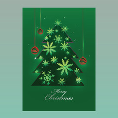 Canvas Print - Merry Christmas Celebration Greeting Card with Creative Xmas Tree Made by Golden Snowflakes and Baubles Hang on Green Background.