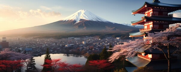 Illustration japan temple or Chureito pagoda and fuji mountains in the backround. Generative ai