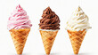 3 Ice cream scoop on a waffle cone on a white background cutout. Many assorted different flavor Mockup templates for artwork design. Ai Generative