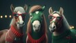 Cute Horse Family wearing red ugly Christmas sweater Portrait, glasses, fluffy fur, xmas, Equine, adorable smart cat, christmas card, purebred domestic animal, xmaspunk, green background wallpaper