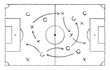 Soccer strategy field, football game tactic drawing on chalkboard. Hand drawn soccer game scheme, learning diagram with arrows and players on board, sport plan outline vector illustration