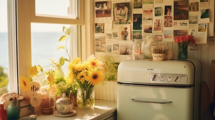 Wall Mural - Vintage retro kitchen with colorful 1950s - style appliances. Generative AI