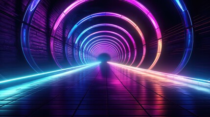  Futuristic colorful cyberpunk glowing light through the tunnel background.