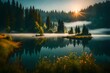 **dramatic morning scene of lacu rosu lake misty summer sunrise in harghita county romania europe beauty of nature concept background -