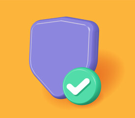 Poster - Shield secure check mark 3d icon vector render graphic, safety protection checkmark cyber virtual quality tick blank template, privacy insurance sign, antivirus guard safeguard guarantee image