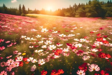 Poster - vintage landscape nature background  of beautiful cosmos flower field on sky with sunlight in spring vintage color tone filter effect