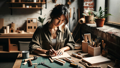 A 28-year-old woman focused on a DIY project in a well-lit home workspace. DIY materials like wood, tools, and paints are neatly arranged on the table