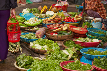 Sticker - Fresh vegetables on display in a traditional market	