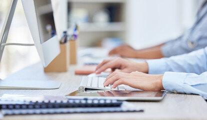 Fototapete - Office, communication and hands of employees typing email, report and contact technical support for crm. Computer, keyboard and people writing to clients for customer service or staff with tablet
